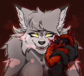 anthro blood blood_on_hand bodily_fluids female glowing glowing_eyes gore gore_focus heart_(organ) holding_heart_(organ) organs sadistic_smile solo yellow_eyes laila_levander akai_(wolfakai) canid canine canis mammal wolf