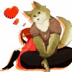 1:1 anthro barefoot bent_legs blue_eyes canid canine canis closed_smile duo extended_arms eye_contact feet feet_together_knees_apart female hands_between_legs hands_together heart_symbol human kemono knees_pulled_up knees_together legs_together lila_(kashiwagi_aki) looking_at_another love male mammal mouth_closed muscular planted_legs red_heart sitting smile spread_knees spreading wolf yakantuzura zinovy