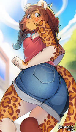 amber_eyes anthro big_butt blush bottomwear braided_hair brown_hair butt clothing denim downward_angle female hair pink_clothing pink_shirt pink_topwear shirt shorts slightly_chubby smile solo spots topwear luxar92 kitzy_(luxar92) felid jaguar mammal pantherine hi_res
