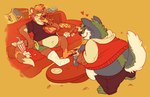 anthro belly big_belly blush bodily_fluids broken_leg container duo embarrassed feeder feederism food heart_symbol hearts_around_head male male/male messy navel obese overweight pizza pizza_box simple_background smile smiling_at_another smiling_at_partner sweat sweatdrop conditional_dnp dogburger doritos frito-lay kazan_(kazan.k) steffen_(kazan.k) canid canine canis mammal mustelid otter wolf signature