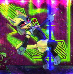 anthro clothing corset dancing female flower flower_in_mouth fur genitals lingerie looking_at_viewer neon_lights plant poking pole pole_dancing rose_(flower) rose_in_mouth solo stripper_pole suit topwear vulva yellow_body yellow_fur caliluminos nintendo pokemon fan_character generation_4_pokemon lucario pokemon_(species) shiny_pokemon absurd_res hi_res