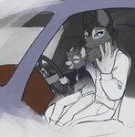 anthro blue_eyes car driving duo eyes_closed female fur grey_body grey_fur inside_car male scar vehicle young feretta space_vixen tale_of_tails webtoon vandrick_amadeus_dread vixavil_hayden canid canine canis fox mammal red_fox silver_fox true_fox wolf digital_media_(artwork) hi_res