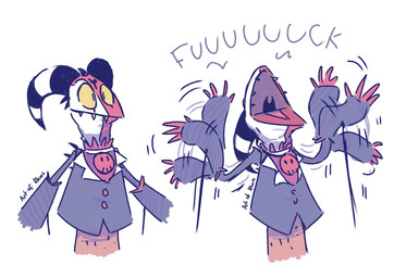 anthro clothing dialogue gloves handwear horn male profanity puppet simple_background solo suit suit_symbol text white_background yellow_eyes artofrhues hellaverse helluva_boss blitzo_(helluva_boss) demon demon_humanoid human humanoid imp mammal 2021 absurd_res english_text hi_res