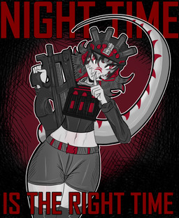 abs abstract_background anthro armor bottomwear clothed clothed_anthro clothed_female clothing crop_top female finger_to_mouth fingers front_view grey_body grey_bottomwear grey_clothing grey_legwear grey_shirt grey_shorts grey_thigh_highs grey_topwear gun hair headgear helmet holding_gun holding_object holding_ranged_weapon holding_weapon humanoid_hands legwear long_hair looking_at_viewer markings navel non-mammal_navel plate_carrier ranged_weapon red_body red_eyes shirt shorts solo standing striped_markings stripes tactical_gear text thigh_highs tight_bottomwear tight_clothing tight_shorts tight_topwear topwear weapon gothgator0 kasey_(gothgator0) dinosaur dromaeosaurid microraptor prehistoric_species reptile saurischian scalie theropod absurd_res english_text hi_res portrait restricted_palette three-quarter_portrait