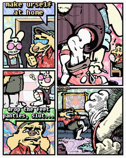 5_panel_comic anthro bottomwear bow_tie cigarette clothing collared_shirt converse_shoes dialogue duo eyewear feet flat_cap flip_flops floppy_ears foot_fetish footwear fur hair half-closed_eyes hat headgear headwear humor male narrowed_eyes open_mouth overalls sandals shirt shoes short_overalls shorts smoking_tobacco socks socks_with_sandals speech_bubble sunglasses text topwear white_body white_fur white_hair wide_eyed yellow_body yellow_fur rawdawgcomics rawdawgcomics_(series) bingus_(rawdawgcomics) stahli_(rawdawgcomics) canid canine canis domestic_dog lagomorph leporid mammal rabbit 4:5 comic english_text hi_res