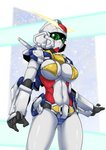 alternate_species armor big_breasts bikini_armor blue_armor bottomwear breast_squish breasts cleavage clothed clothing female green_pupils green_sclera humanoidized machine mecha multicolored_armor multicolored_body multicolored_skin not_furry panties pattern_bottomwear pattern_clothing pattern_panties pattern_underwear pupils red_body red_skin solo squish standing striped_bottomwear striped_clothing striped_panties striped_underwear stripes unconvincing_armor underwear white_armor white_body white_skin yellow_armor yuuyatails gundam beginning_d_gundam android humanoid mobile_suit robot robot_humanoid absurd_res digital_media_(artwork) hi_res