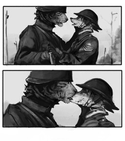 anthro armor bodily_fluids brodie_helmet clothing combat_knife duo eyes_closed hand_on_another's_cheek hand_on_cheek headgear helmet holding_knife holding_object kissing knife looking_at_another male male/male military military_uniform soldier stahlhelm tears uniform warrior whiskers world_war_1 sgawd0g canid canine felid fox mammal pantherine tiger comic greyscale hi_res monochrome