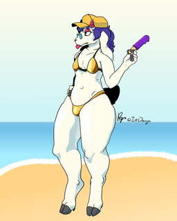 anthro beach bikini blue_hair butt candy clothed clothing dessert eyewear femboy food fur glasses gold_bikini hair horn lollipop male simple_background solo swimwear tail tongue tongue_out two-piece_swimsuit white_body white_fur yellow_cap desga elagrena bovid caprine goat mammal 4:5 digital_media_(artwork)