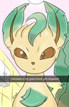 ambiguous_gender brown_eyes brown_inner_ear brown_sclera caption feral fur green_body green_fur leaf leaf_ears leaf_tail long_ears solo tail tan_body tan_fur text tile tile_wall wall_(structure) mr_fuwa nintendo please_respond pokemon snapchat eeveelution generation_4_pokemon leafeon pokemon_(species) artist_name colored digital_media_(artwork) english_text hi_res meme redraw