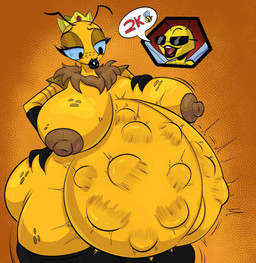 antennae_(anatomy) anthro areola belly big_belly big_breasts black_lips blue_sclera breasts brown_areola brown_nipples duo eyewear female fetal_movement huge_belly huge_breasts lips neck_tuft nipples nude pregnant pregnant_anthro pregnant_female sunglasses text tuft yellow_body yellow_skin ameizinglewds arthropod bee hymenopteran insect queen_bee 2023 english_text hi_res