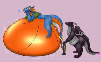 3_toes 4_fingers air_inflation anthro belly bicycle_pump black_body blue_body clothed clothing duo feet fingers grey_horn grey_wings heart_symbol horn hose hose_inflation inflation lying lying_on_self male multicolored_body on_front open_mouth orange_tongue pink_background pink_eyes shirt simple_background tail tan_claws tan_horn teeth toes tongue tongue_out topwear wings ingeir_palar mythology ingeir_(ingeir_palar) dragon mythological_creature mythological_scalie scalie