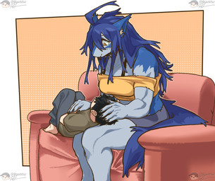 anthro black_hair blue_body blue_fur blue_hair breasts claws duo eyes_closed female female_anthro fur hair happy head_on_lap human_on_anthro interspecies jewelry larger_anthro larger_female male male/female male_human necklace on_lap romantic romantic_couple size_difference sleeping smaller_human smaller_male smile rekidesu mythology ren_(rekidesu) tsukiko_(rekidesu) canid canine canis human mammal mythological_canine mythological_creature werecanid werecanine werecreature werewolf wolf hi_res