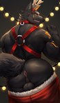 amber_eyes anthro antler_headband antlers anus back_muscles backsack balls biceps big_butt black_body black_fur black_sclera bottomwear bottomwear_down butt christmas_clothing clothed clothing collar fake_antlers fake_horns fangs fur genitals holidays horn looking_at_viewer looking_back male muscular muscular_anthro muscular_male open_mouth pants pants_down partially_clothed perineum presenting presenting_hindquarters raised_tail rear_view sharp_teeth solo straps straps_across_chest tail teeth tongue triceps kult2k christmas kult_(kult2k) canid canine canis mammal wolf 2021 absurd_res hi_res