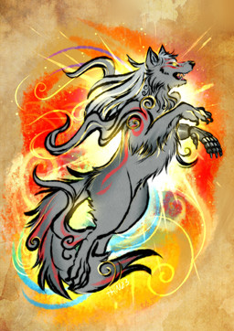 action_pose anthro claws glowing glowing_eyes jumping male paws pose prosthetic prosthetic_limb solo thehavanawolf capcom okami_(capcom) canid canine canis mammal wolf absurd_res digital_media_(artwork) hi_res
