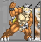 3_toes 4_fingers abs anthro anthrofied ball_fondling balls barefoot biceps big_muscles biped bracelet brown_body brown_skin character_name claws collarbone dark_nek0gami erection fangs feet fingers flexing fondling genitals grey_background grey_body grey_skin horn jewelry koopa koopaling male mario_bros mirror morton_koopa_jr. muscular muscular_anthro muscular_male nintendo nude pecs penis presenting scalie shell simple_background solo spiked_shell spikes spikes_(anatomy) standing tail tan_body tan_skin teeth text toes turtle_shell white_eyes