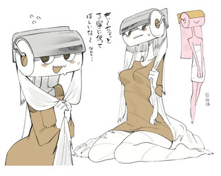 breasts cleavage clothed clothing female for_a_head medium_breasts not_furry simple_background text toilet_paper white_background 9999gpera humanoid object_head paper_humanoid japanese_text translated