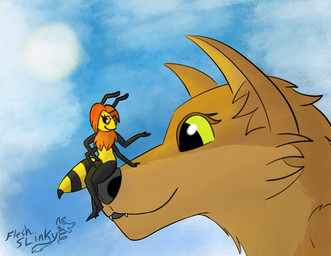 antennae_(anatomy) anthro black_body black_nose cheek_tuft cloud crossed_legs duo eyelashes eyewear facial_tuft fangs female glasses green_eyes hair inner_ear_fluff looking_at_another multi_arm multi_limb neck_tuft orange_body orange_hair simple_background sitting_on_another size_difference sky smile smiling_at_another stinger sun teeth tuft wearing_glasses yellow_body fleshslinky nicole_(fleshslinky) arthropod bee canid canine canis hymenopteran insect mammal wolf