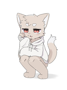 anthro bottomless bottomless_male clothed clothing crouching fur hoodie hoodie_only kemono looking_at_viewer male monotone_body monotone_fur open_mouth red_eyes simple_background solo topwear topwear_only white_background young young_anthro young_male ayakata45 domestic_cat felid feline felis mammal 2025 hi_res