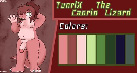 anthro balls belly breasts genitals gesture hair huge_thighs looking_at_viewer male nails nipples nude overweight overweight_anthro overweight_male penis ponytail simple_background slightly_chubby solo tail text thick_thighs tongue tongue_out waving waving_at_viewer waving_hand tunrix_canrio tunrix_canrio_(oc) lizard reptile scalie digital_media_(artwork) hi_res model_sheet