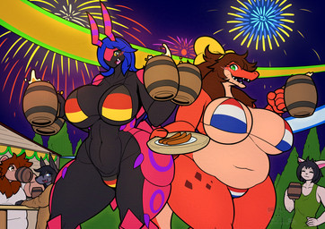 5_fingers ^_^ abs alcohol ambiguous_gender anthro beer beer_mug beverage big_breasts big_ears bikini black_body black_exoskeleton black_eyes black_fur black_hair blue_eyes blue_hair body_hair bow_ribbon bratwurst breasts brown_body brown_fur brown_hair chest_hair clothed clothed_ambiguous clothed_anthro clothed_female clothing cutlery diamond_(marking) do_not_distribute drinking drinking_beer duo_focus dutch_flag dutch_flag_bikini exoskeleton exoskeleton_markings eyes_closed fangs female female_focus fingers fireworks flag_bikini flag_swimwear food fur german_flag german_flag_bikini germany green_clothing green_eyes green_shirt green_topwear green_vest group hair head_horn holidays horn huge_breasts hut kitchen_utensils long_hair looking_at_viewer male markings meat muscular muscular_anthro muscular_female navel netherlands netherlands_flag night open_mouth open_smile outside overweight overweight_anthro overweight_female overweight_male plant plate public purple_body purple_exoskeleton purple_sky red_body red_exoskeleton red_scales ribbons sausage scale_markings scales shirt skimpy skimpy_bikini sky smile smiling_at_viewer splash standing swimwear tall tall_anthro tall_female tan_body tan_fur teeth text tools topwear tree two-piece_swimsuit vest white_clothing white_shirt white_topwear yellow_eyes yellow_sclera day-t nintendo oktoberfest pokemon kristina_hahn maria_van_de_hoek alligator alligatorid arthropod canid canine canis crocodilian fennec_fox fox generation_5_pokemon mammal myriapod pokemon_(species) reptile scalie scolipede true_fox unknown_species wolf 2025 absurd_res adversarial_noise artist_name digital_drawing_(artwork) digital_media_(artwork) english_text hi_res japanese_text smaller_version_at_source watermark