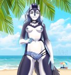 5_fingers anthro areola beach beach_umbrella belly big_tail black_hair blue_areola blue_eyes blue_hair blue_nipples blue_nose bone breasts clothing cloud collar detailed_background female fingers fur gesture gradient_hair hair hand_gesture lingerie long_ears long_hair long_tail multicolored_body multicolored_fur multicolored_hair multicolored_tail nails navel neck_tuft nipples panties parasol plant pointing sand sea seaside sky smile snout solo standing tail teeth translucent translucent_clothing translucent_panties translucent_underwear tree tuft underwear water wave white_belly kot9n9 aurora_the_artic_water_pokegirl canid canine canis mammal wolf absurd_res hi_res portrait three-quarter_portrait