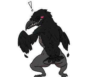 anthro avian_feet blush crouching exclamation_point feathered_wings feathers female genitals sharp_teeth simple_background skinny solo teeth thick_thighs vulva wings degeneroid elden_ring fromsoftware avian bird corvid corvus_(genus) crow oscine passerine