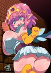 against_surface against_wall big_breasts big_butt blue_eyes bodily_fluids breasts butt clothed clothing female hair huge_breasts no_underwear not_furry pink_hair solo sweat zankuro elf humanoid hi_res