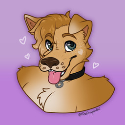 anthro brown_nose eyebrows fur grey_eyes hair happy heart_symbol male open_mouth pink_tongue purple_background sharp_teeth simple_background solo tan_body tan_eyebrows tan_fur tan_hair teeth tongue tongue_out greenteadragonboi canid canine canis domestic_dog mammal 1:1 portrait
