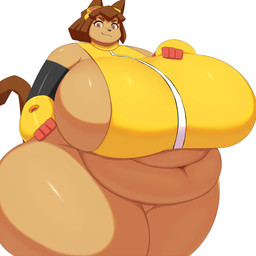 4_fingers anthro belly big_breasts black_nose breasts brown_eyebrows brown_hair brown_tail clothed clothing deep_navel eyebrows eyewear featureless_crotch female fingers fur goggles hair hand_on_breast huge_breasts hyper looking_at_viewer navel obese obese_anthro obese_female overweight overweight_anthro overweight_female red_eyes shirt side_boob simple_background smile solo tail tan_body tan_fur topwear white_background wide_hips hidenafox gameoverse glitch_productions kit_bodega domestic_cat felid feline felis mammal 1:1 2026 absurd_res digital_media_(artwork) hi_res portrait shaded three-quarter_portrait