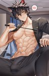 5_fingers abs biped black_hair blue_eyes clothed clothing erection erection_under_clothing fingers hair heterochromia human_and_animal_ears male multi_ear muscular muscular_humanoid muscular_male pecs solo nemuimori animal_humanoid cat_humanoid felid felid_humanoid feline feline_humanoid humanoid mammal mammal_humanoid 2023 hi_res