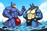 abs aircraft airplane anthro beak blue_body bulge city clothing detailed_bulge duo fist genital_outline green_eyes jet macro male muscular muscular_anthro muscular_male nipples non-mammal_nipples pecs red_eyes sea ship speedo spines swimwear tail vehicle water watercraft blazekemono nintendo pokemon star_fox falco_lombardi avian canid canine generation_4_pokemon lucario mammal pokemon_(species) absurd_res hi_res