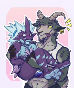 3_toes abs accessory anthro anticipation armpit_hair belt blue_body blue_hair blush blush_lines bodily_fluids body_hair bulge butt carrying_another clothing cradling crop_top detailed_bulge duo ear_piercing ear_tag emanata facial_hair feet female fingers fur geometric_background goatee green_eyes grey_body grey_fur hair hair_accessory hair_tie hooved_fingers hooves horizontal_pupils horn lgbt_pride looking_at_another male muscular muscular_anthro muscular_female navel nipples outline pecs piercing pink_background pride_colors pupils purple_body scut_tail shirt short_tail simple_background smile sweat sweatdrop tail teeth text text_on_clothing text_on_shirt text_on_topwear toes tongue tongue_out topwear underwear vincian_pride_colors white_outline wide_eyed yellow_eyes aimepact coffee_stain_studios epic_games fortnite goat_simulator nintendo pokemon pilgor_(goat_simulator) bovid caprine generation_8_pokemon goat mammal pokemon_(species) toxtricity 2025 absurd_res hi_res