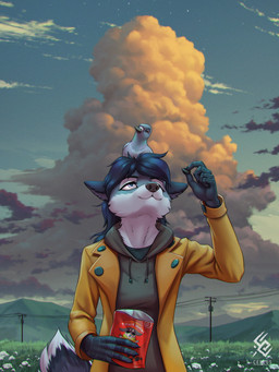 ambiguous_feral ambiguous_gender anthro black_claws black_nose blue_body blue_fur blue_hair blue_sky carrying_another cheek_tuft claws clothed clothing cloud coat duo eyelashes facial_tuft female female_anthro feral finger_claws front_view fur glistening glistening_eyes grey_clothing grey_topwear hair logo mouth_closed neck_tuft on_head outside red_eyes sky standing text topwear tuft white_body white_fur yellow_clothing yellow_coat yellow_topwear cereus93 avian bird canid canine columbid mammal pigeon absurd_res artist_logo artist_name half-length_portrait hi_res portrait