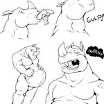 abdominal_bulge almost_fully_inside anthro belly big_belly burping cocky cocky_smile duo eyes_closed feet gulp_(sound_effect) head_first horn larger_pred male male/male musclegut muscular open_mouth oral_vore otter_tail size_difference smile swallowing teeth tongue uvula vore willing_pred pandottermon mammal mustelid otter rhinoceros hi_res