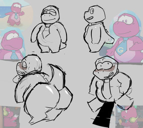 accessory anthro belly big_butt blush butt male necktie overweight overweight_male solo standing raichir0o gameoverse glitch_productions gobbles_(gameoverse) dinosaur prehistoric_species reptile scalie 2026 censored hi_res sketch