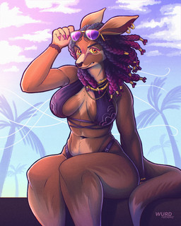 anthro braided_hair breasts ear_piercing ear_ring eyewear female glasses hair looking_at_viewer navel palm_tree piercing plant ring_piercing solo tail tree wurd_retlekz kangaroo macropod mammal marsupial absurd_res hi_res