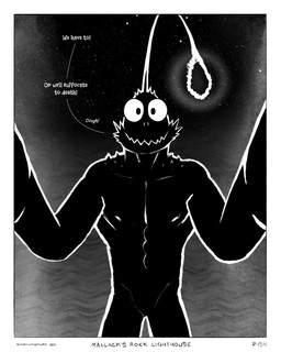 anthro arm_spikes black_body black_skin border bumpy_skin dialogue fog halo holding_viewer lure_(anatomy) male night nipples shoulder_spikes slit_nostrils smile smoke solo spikes spikes_(anatomy) star text sharkinthepark anvil_(sharkinthepark) anglerfish aquatic fish 2025 4:5 absurd_res comic english_text greyscale hi_res monochrome