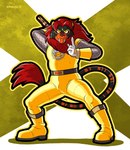 abstract_background anthro belt black_body black_fur boots bulge clothing cosplay costume fangs footwear fur male mane markings orange_markings outline red_mane sabertooth_(anatomy) shoes solo spandex tail tail_tuft teeth tight_clothing tuft yellow_clothing yellow_outline frankieancelotti power_rangers power_rangers_ninja_storm super_sentai inferno_sabercat felid hybrid liger mammal pantherine hi_res