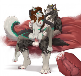 4_toes 5_fingers animal_genitalia animal_penis anthro anthro_on_anthro anthro_penetrated anthro_penetrating anthro_penetrating_anthro arm_wraps balls black_nose bodily_fluids breasts brown_hair canine_genitalia canine_penis cervical_penetration claws cum cum_in_uterus cum_in_vagina cum_inside dreadlocks duo ear_piercing ejaculation feet female female_penetrated finger_claws fingers fur genital_fluids genitals grey_body grey_fur grey_hair grin hair happy happy_sex hindpaw humanoid_hands internal knot knotting looking_pleasured male male/female male_penetrating male_penetrating_female multicolored_body multicolored_fur navel nipples nude orgasm paws penetration penile penile_penetration penis penis_in_vagina piercing sex smile spread_legs spreading tail teeth toe_claws toes two_tone_body two_tone_fur uterus vaginal vaginal_fluids vaginal_knotting vaginal_penetration vulva white_body white_fur wraps bon_lee canid canine canis mammal wolf 2023 hi_res