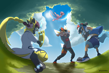 3_toes 4_fingers ambiguous_gender anthro black_body black_fur blue_body blue_eyes blue_fur blue_pawpads bodily_fluids bottomwear brown_eyes claw_growth claws clothed clothing cloud day digitigrade ear_expansion expansion eyes_closed fangs feet female fingers flying footwear fully_clothed fur fur_growth glowing glowing_tail grass green_eyes group growth hand_on_ear hand_on_own_ear hand_spike holding_ear human_to_anthro kneeling laugh long_tail looking_at_self low-angle_view male mid_transformation open_mouth pants pawpads plant red_body red_fur shoes shorts sky species_transformation spikes spikes_(anatomy) standing sun surprised sweat tail tail_growth teeth toes torn_bottomwear torn_clothing torn_pants torn_shorts transformation tree white_body white_fur worried yellow_body yellow_fur fujoshiineko nintendo pokemon ash_ketchum chloe_(pokemon) goh_(pokemon) pokemon_trainer canid canine cinderace felid feline generation_1_pokemon generation_4_pokemon generation_7_pokemon generation_8_pokemon human lagomorph legendary_pokemon lucario mammal mew_(pokemon) pokemon_(species) zeraora 2021 digital_media_(artwork) hi_res shaded