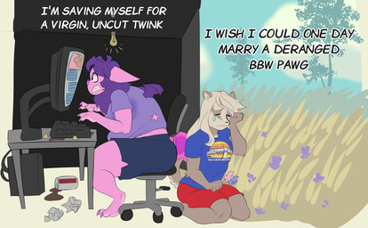 angry anthro bodily_fluids clothed clothing crying female hair larger_female long_hair male overweight size_difference smaller_male sweat tears typing tentabat rocko_(kersync) tenta_(tentabat) badger bat mammal mustelid musteline 2025 hi_res meme