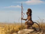 5_fingers anthro brown_body brown_fur brown_hair day detailed_background digitigrade female feral fingers fur grass group hair melee_weapon outside plant polearm red_eyes red_sclera sky solo_focus spear standing weapon akineza equid equine felid lion mammal pantherine zebra 2018 digital_media_(artwork)