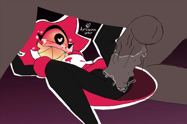 balls big_penis blush blush_lines bodily_fluids clothing dress duo female genitals hair lying male male/female on_back penetration penis red_hair shallow_penetration tears vein veiny_penis arsinnamon hazbin_hotel hellaverse niffty_(hazbin_hotel) demon humanoid hi_res