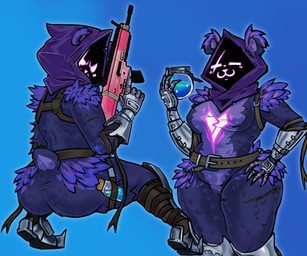 anthro arm_tuft armor armored_boots belt big_butt blue_background breasts butt clothing crouching empty_eyes eye_scar facial_scar female front_view fur gauntlets gloves gun hand_on_hip handwear hip_tuft holding_gun holding_object holding_ranged_weapon holding_weapon looking_at_viewer looking_back looking_back_at_viewer obscured_face purple_body purple_fur purple_hood ranged_weapon rear_view scar scut_tail short_tail shoulder_tuft simple_background solo tail thick_thighs tuft weapon white_eyes wide_hips peachrot epic_games fortnite raven_team_leader bear mammal 6:5 absurd_res hi_res