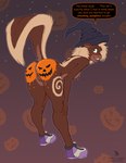 anthro anus butt clothing female footwear genitals holidays magic_user paint pose presenting presenting_hindquarters pumpkin_butt pussy raised_tail shoes solo tail text witch aromatic_hyena halloween jade_(aromatic_hyena) mammal mephitid skunk 2022 english_text hi_res pinup