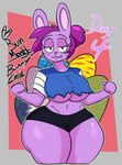 2022 anthro black_clothing blue_clothing blue_topwear blush border bottom_heavy bottomwear breasts buckteeth bunny_enid cartoon_network character_name clothing collarbone cotton_tail curvy_figure detailed_background ears_up easter easter_egg english_text enid_(ok_k.o.!_lbh) eyebrows eyelashes female fluffy fluffy_tail front_view fur grey_border hair hair_bun half-closed_eyes hi_res holidays hotpants jyto lagomorph leporid looking_at_viewer mammal midriff mitten_hands narrowed_eyes navel ok_k.o.!_let's_be_heroes pink_background portrait purple_body purple_fur purple_hair rabbit shaded shirt short_tail shorts simple_background solo standing tail teeth text thick_thighs three-quarter_portrait topwear torn_clothing torn_topwear tunic under_boob whiskers white_tail wide_hipped_female wide_hips
