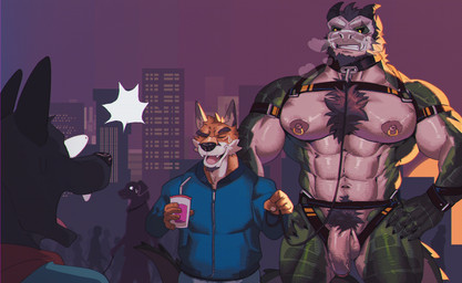 abs annoyed anthro beard beverage big_muscles big_pecs big_penis black_sclera bodily_fluids body_hair bone bone_mask brown_hair bulging_eyes casual_nudity chest_hair chest_harness chest_tuft city city_background claws clothing coat collar facial_hair fangs flaccid foreskin genitals grin group hair hands_on_hips harness holding_beverage holding_object leash looking_at_another male male/male mask muscular muscular_anthro muscular_male nipple_piercing nipple_ring nipples nude pecs penis piercing pubes public public_nudity ring_piercing shocked size_difference skull skull_mask smile sweat sweatdrop tail teeth topwear trio tuft yellow_eyes eruprior ankou_(ankouno) canid canine canis crocodile crocodilian domestic_dog fox mammal reptile scalie absurd_res hi_res