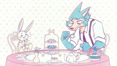 anthro beverage chair clothed clothing duo female food fur furniture grey_body grey_fur larger_male male plate simple_background size_difference table tablecloth tea white_body white_fur ashley_nichols beastars haru_(beastars) legoshi_(beastars) canid canine canis domestic_rabbit dwarf_rabbit lagomorph leporid mammal oryctolagus rabbit wolf 2021