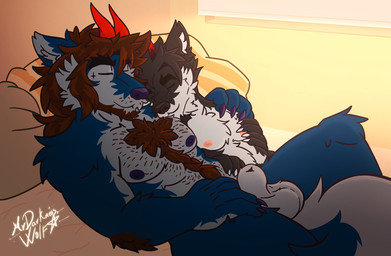 anthro body_hair duo happy_trail male male/male muscular muscular_male nipples nude size_difference sleeping sleeping_together mrdarknesswolf mythology dantalos mrdarknesswolf_(character) canid canine canis demon hybrid mammal mythological_canine mythological_creature werecanid werecanine werecreature werewolf wolf digital_media_(artwork) hi_res