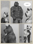 2011 5_fingers abs age_difference anthro bear belt biceps big_muscles black_nose bottomwear clothed clothing coach comic denim denim_bottomwear denim_clothing dialogue duo english_text fingers fur giant_panda greyscale inside interspecies inviting jeans larger_male locker_room male male/male mammal monochrome multicolored_body multicolored_fur muscular muscular_male nervous nipples nude office pants pecs personal_coaching rov simple_background size_difference smaller_male smile text topless two_tone_body two_tone_fur